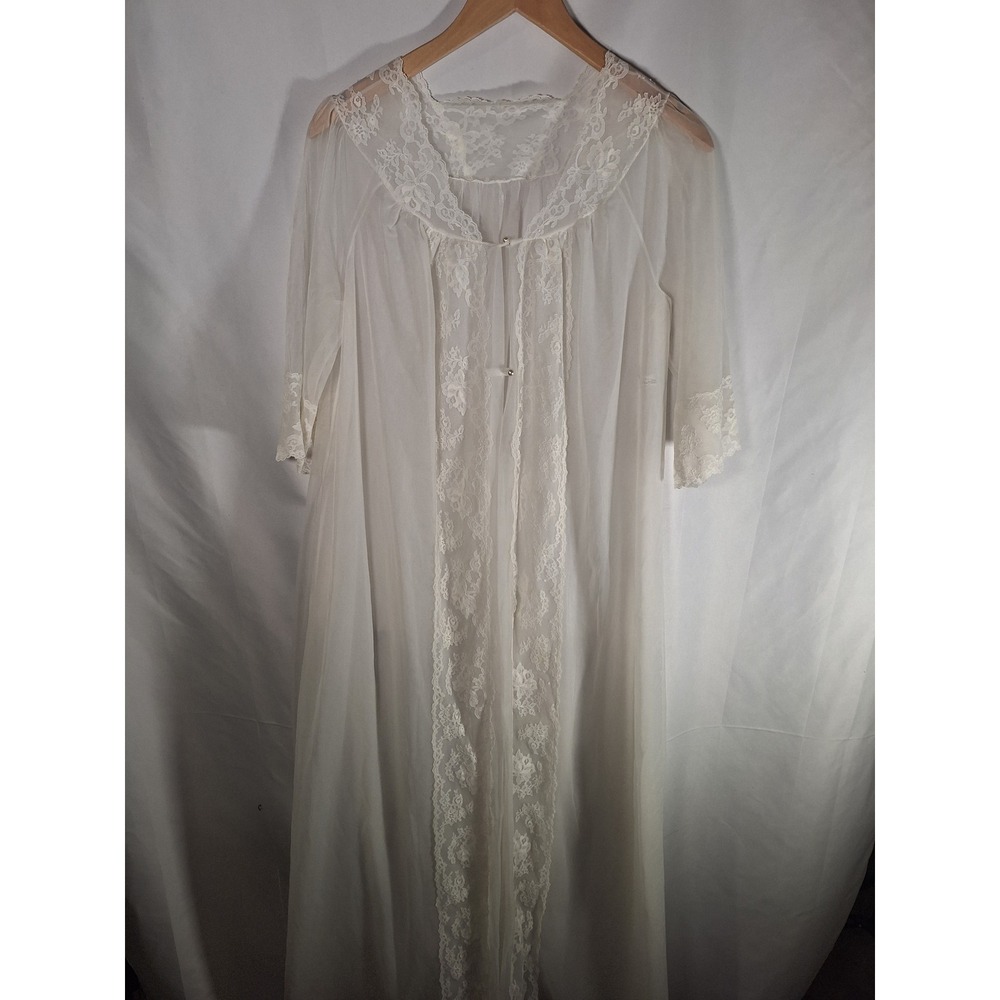 Vintage Shadowline White Sheer Lace Robe Long‎ Peignoir Medium Nightgown Coverup